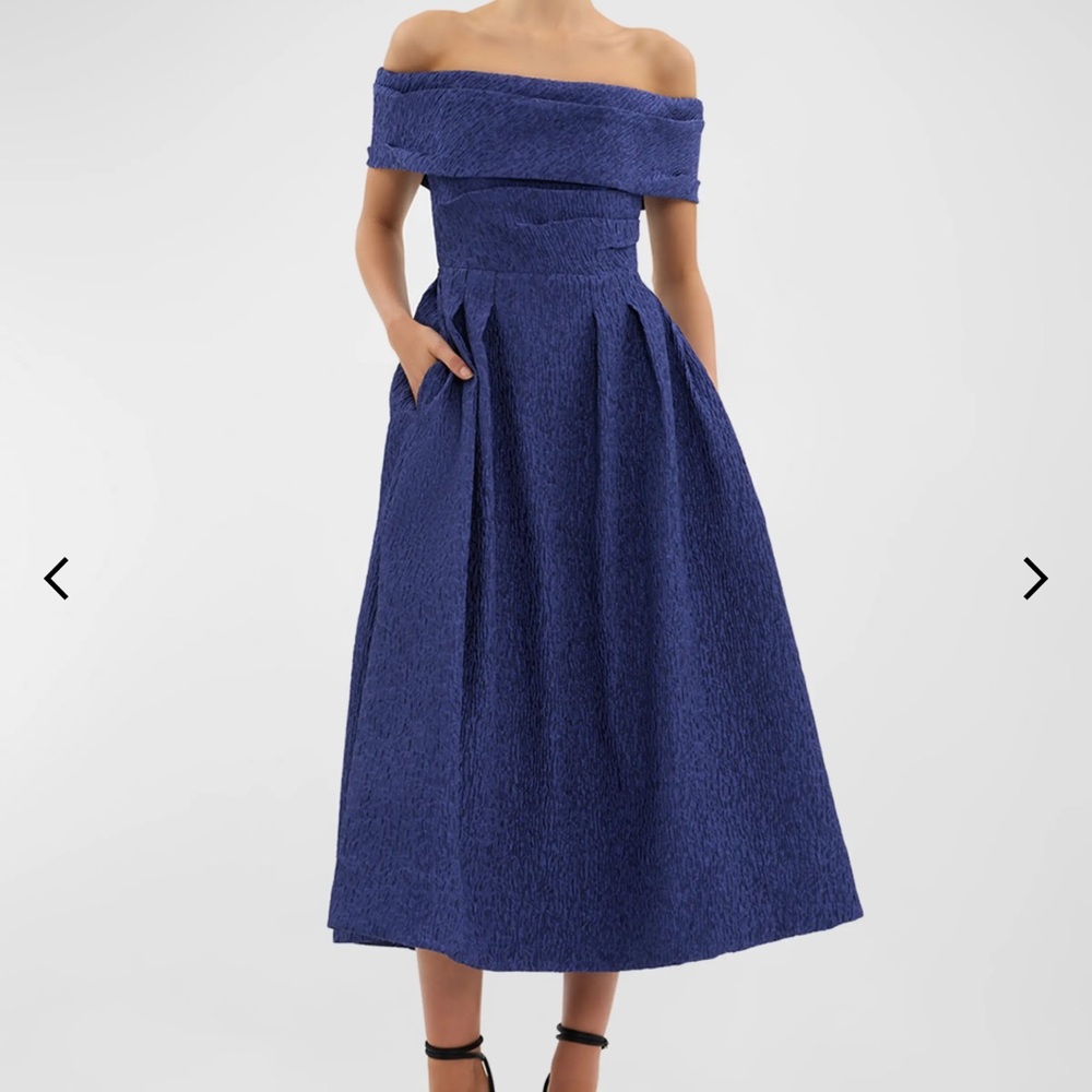 Rebecca Vallance Helene Pleated Off-Shoulder Jacquard Midi Dress